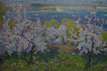 Oil painting Garden by the shore by Fomin Anatoly Nikiforovich, cherry blossoms