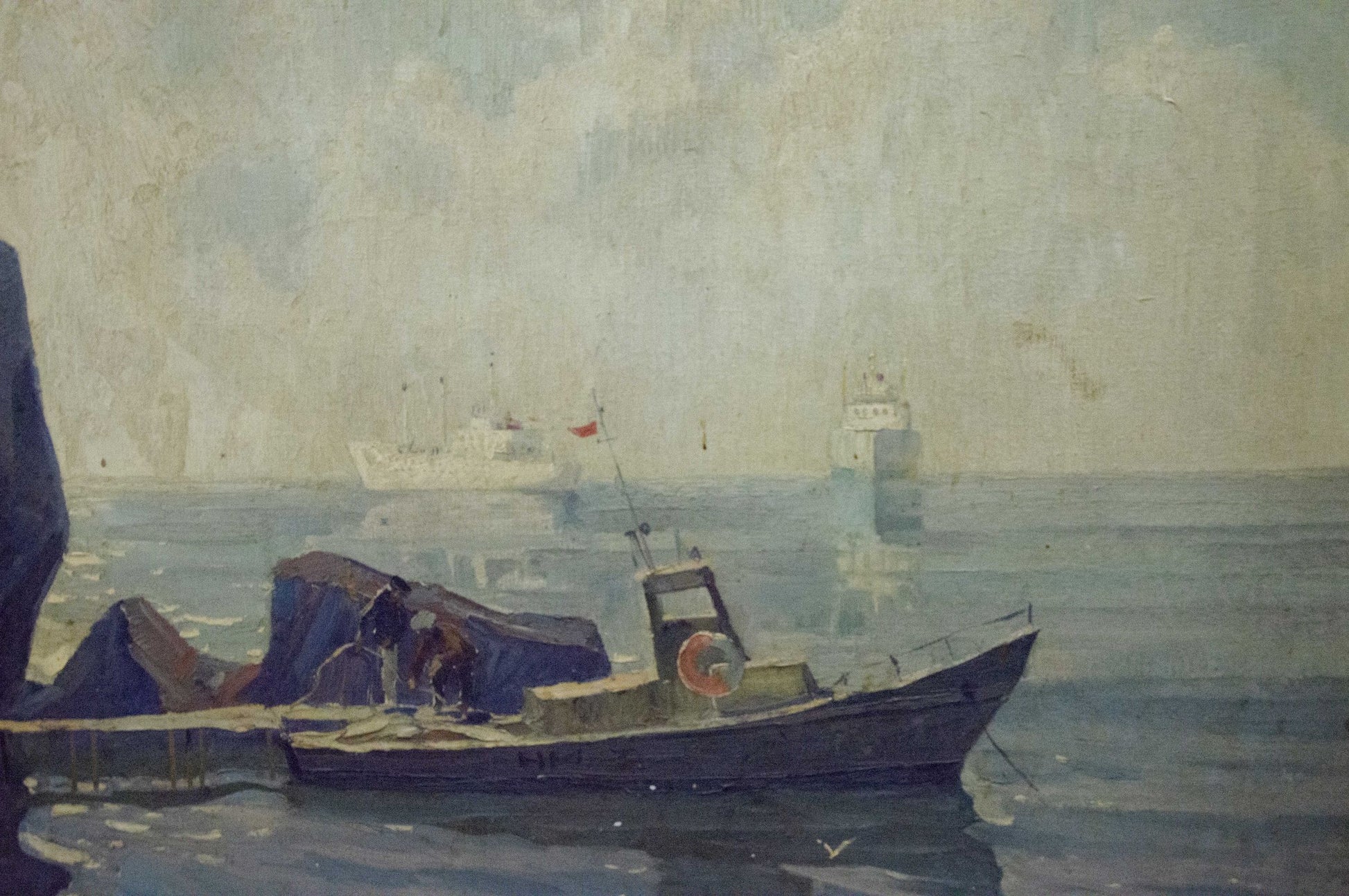 Oil painting Night coast: dark blue fishing boat with red life preserver on calm waters