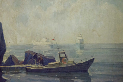 Oil painting Night coast: dark blue fishing boat with red life preserver on calm waters