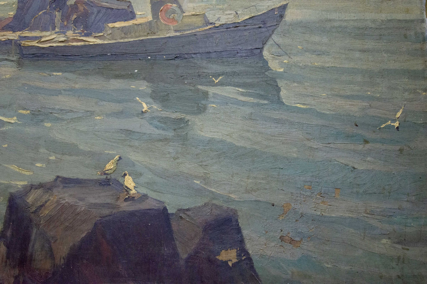 Impressionistic oil painting of dark blue fishing boat with red lifebuoy on night coast