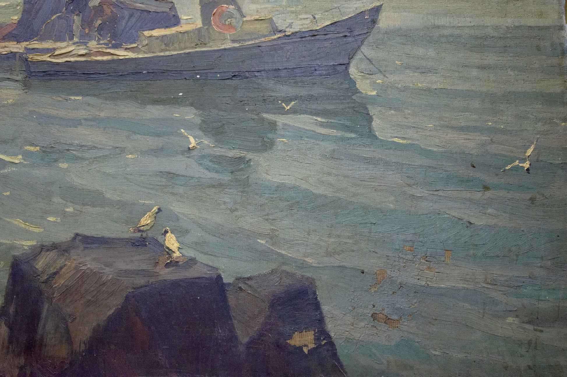 Impressionistic oil painting of dark blue fishing boat with red lifebuoy on night coast