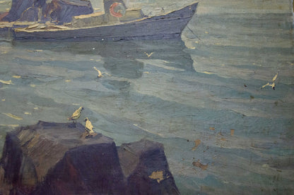 Impressionistic oil painting of dark blue fishing boat with red lifebuoy on night coast