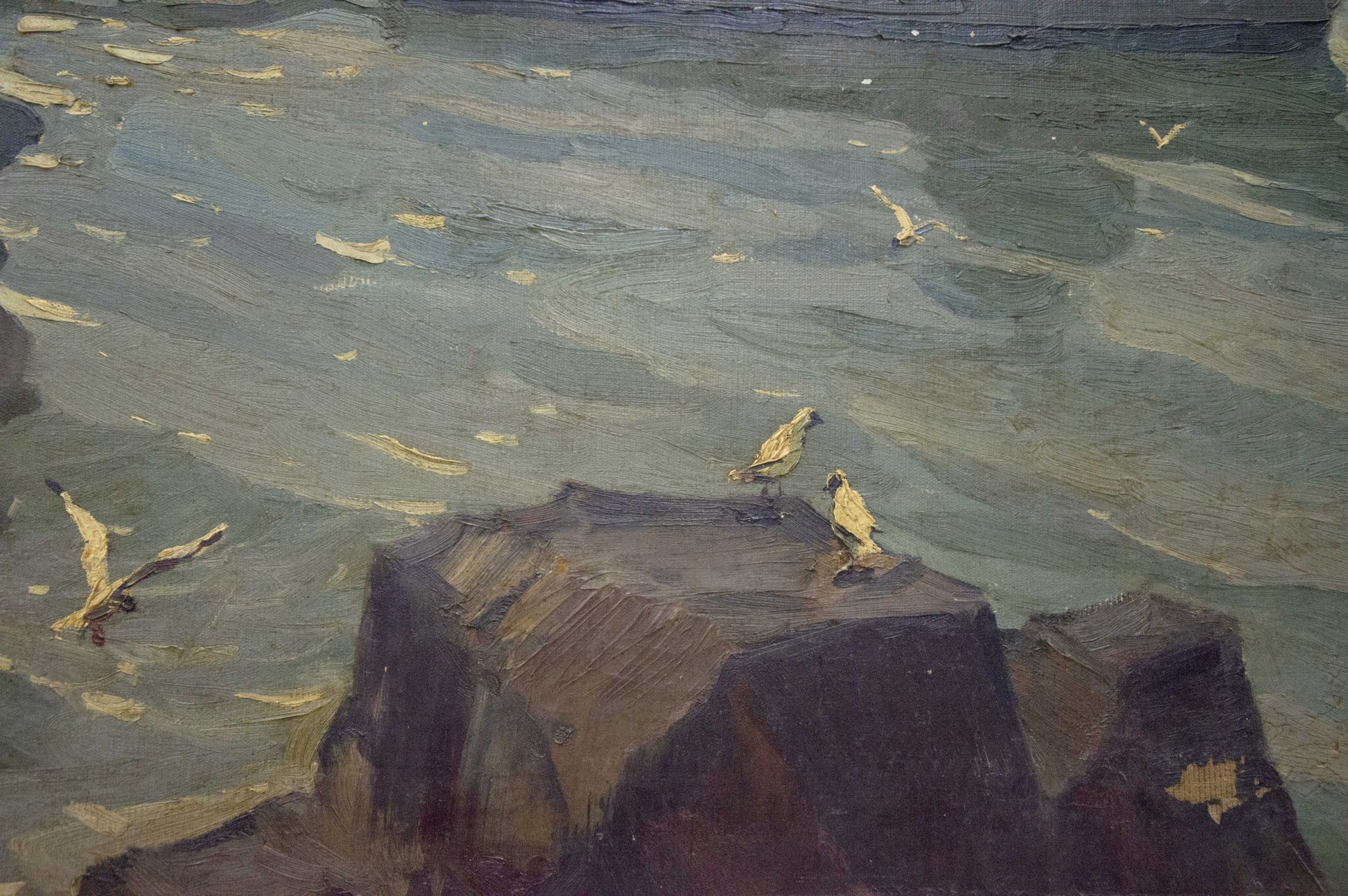 Oil painting Night coast: two pale yellow seabirds on dark rock by turbulent sea