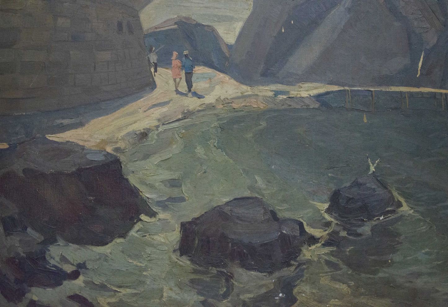 Oil painting Night coast: textured impressionistic rugged coastal scene