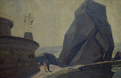 Oil painting Night Coast: stone lighthouse with flags on dark rocky coast