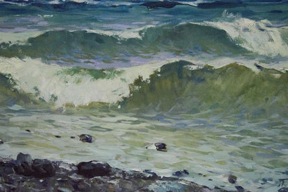 Oil painting Seascape with awakening Petr Sulimenko: green white waves crashing on rocks