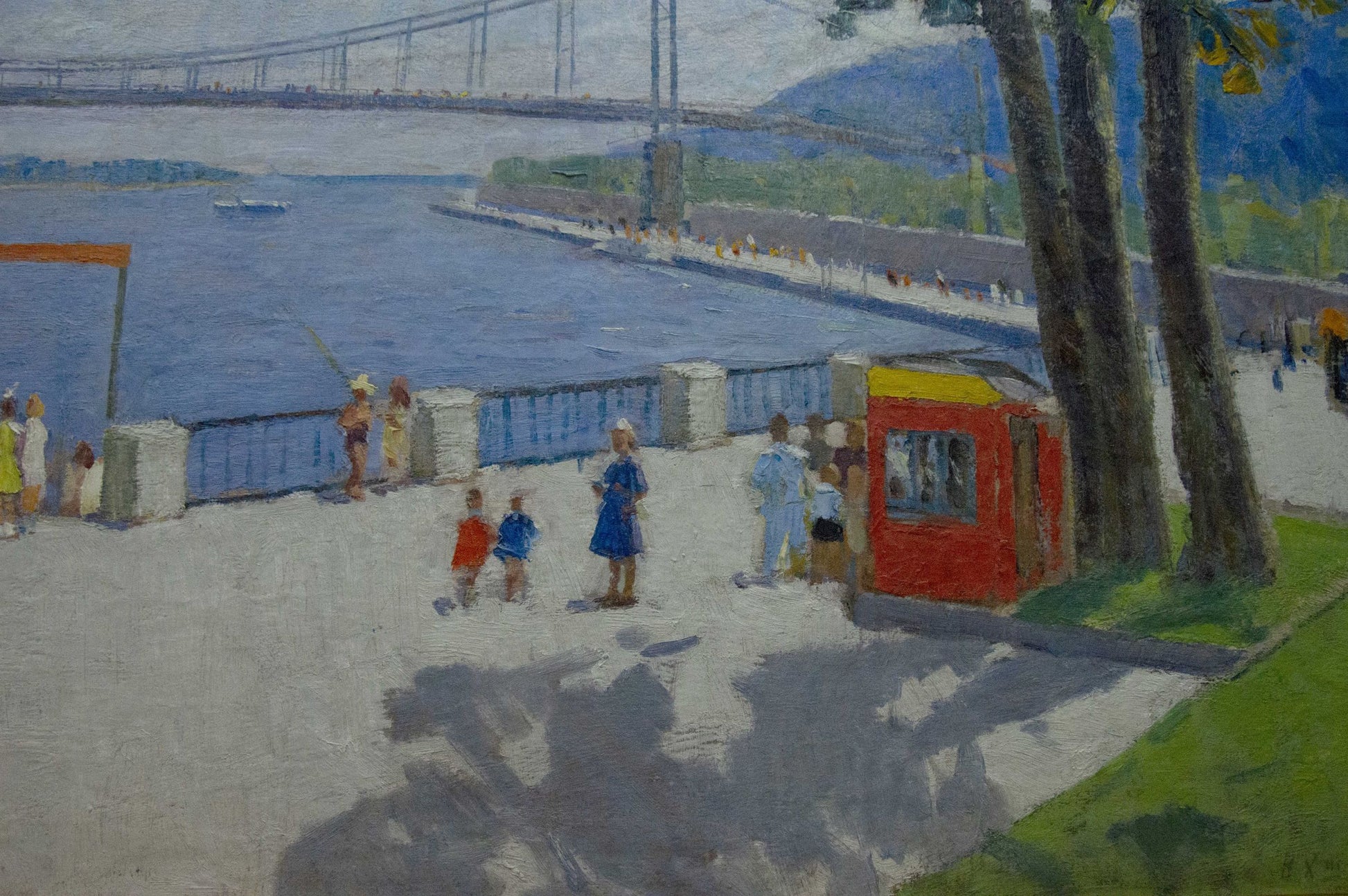 Oil painting of vibrant red kiosk by waterfront by Khomko Vasily Efremovich