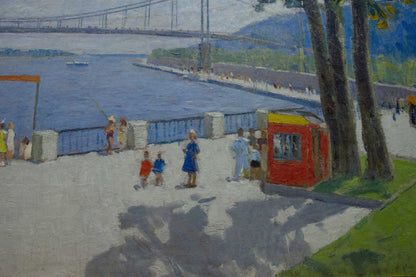 Oil painting of vibrant red kiosk by waterfront by Khomko Vasily Efremovich