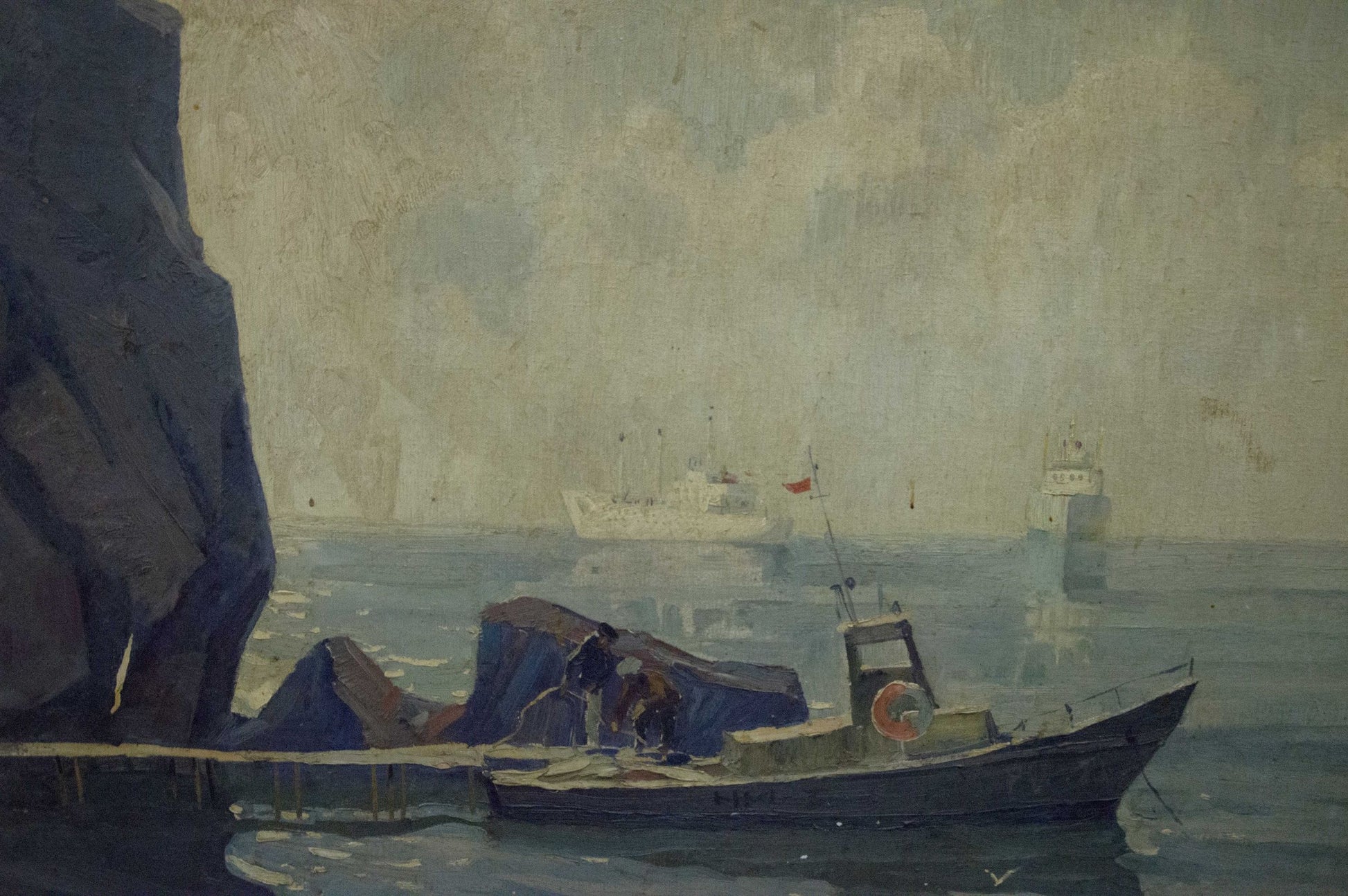 Oil painting Night coast: dark blue fishing boat with red life preserver moored near rocky shore