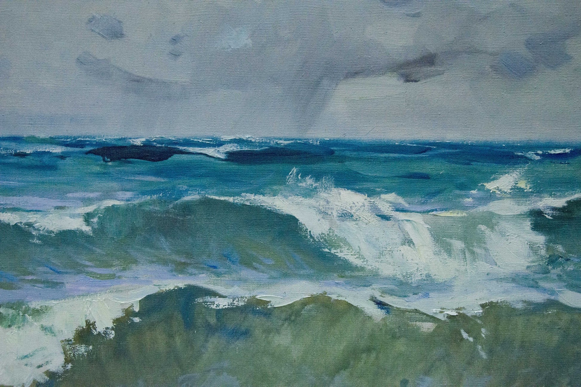 Oil painting Seascape with awakening by Petr Sulimenko, turbulent teal waves