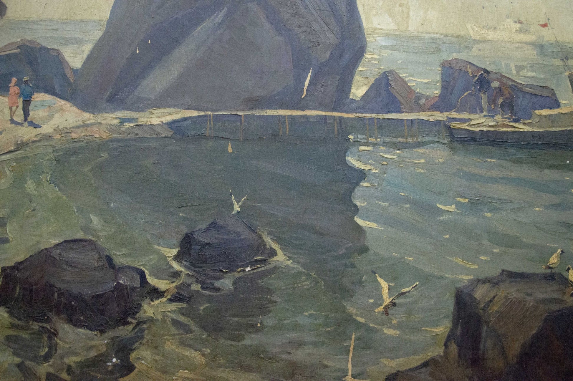 Oil painting Night coast: textured coastal scene with dark rocks and turbulent water