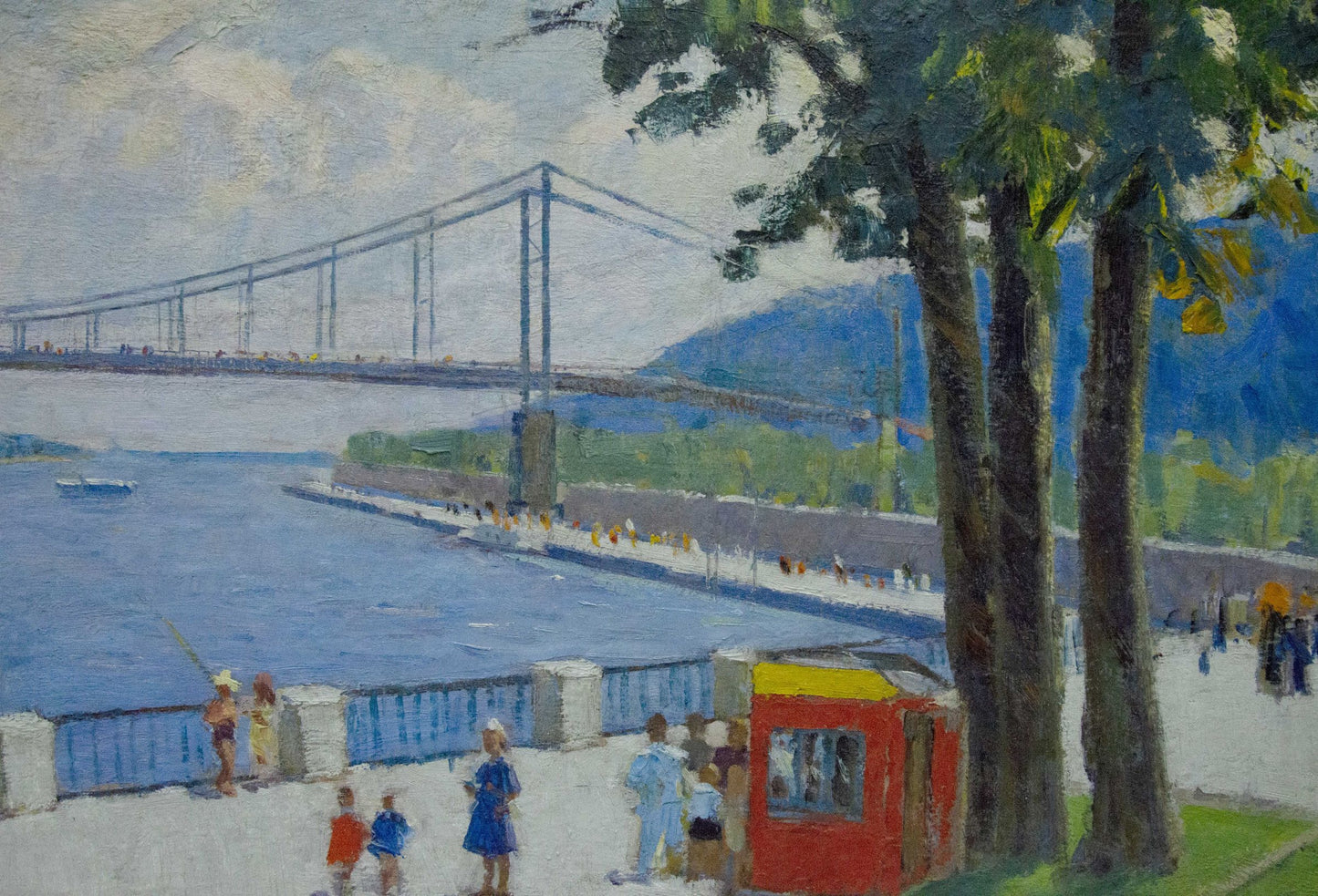 Oil painting of vibrant red kiosk by water by Khomko Vasily Efremovich