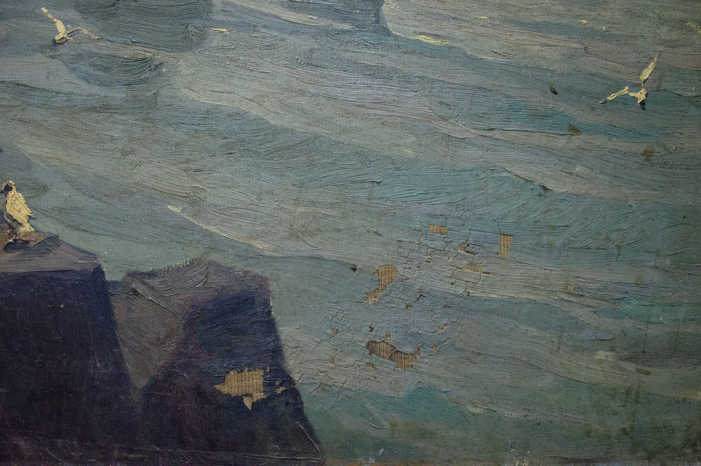 Oil painting Night Coast: impressionistic dark cliffs and turbulent waves