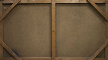 Back of two-panel wooden-framed Oil painting Night coast with textured brown fabric