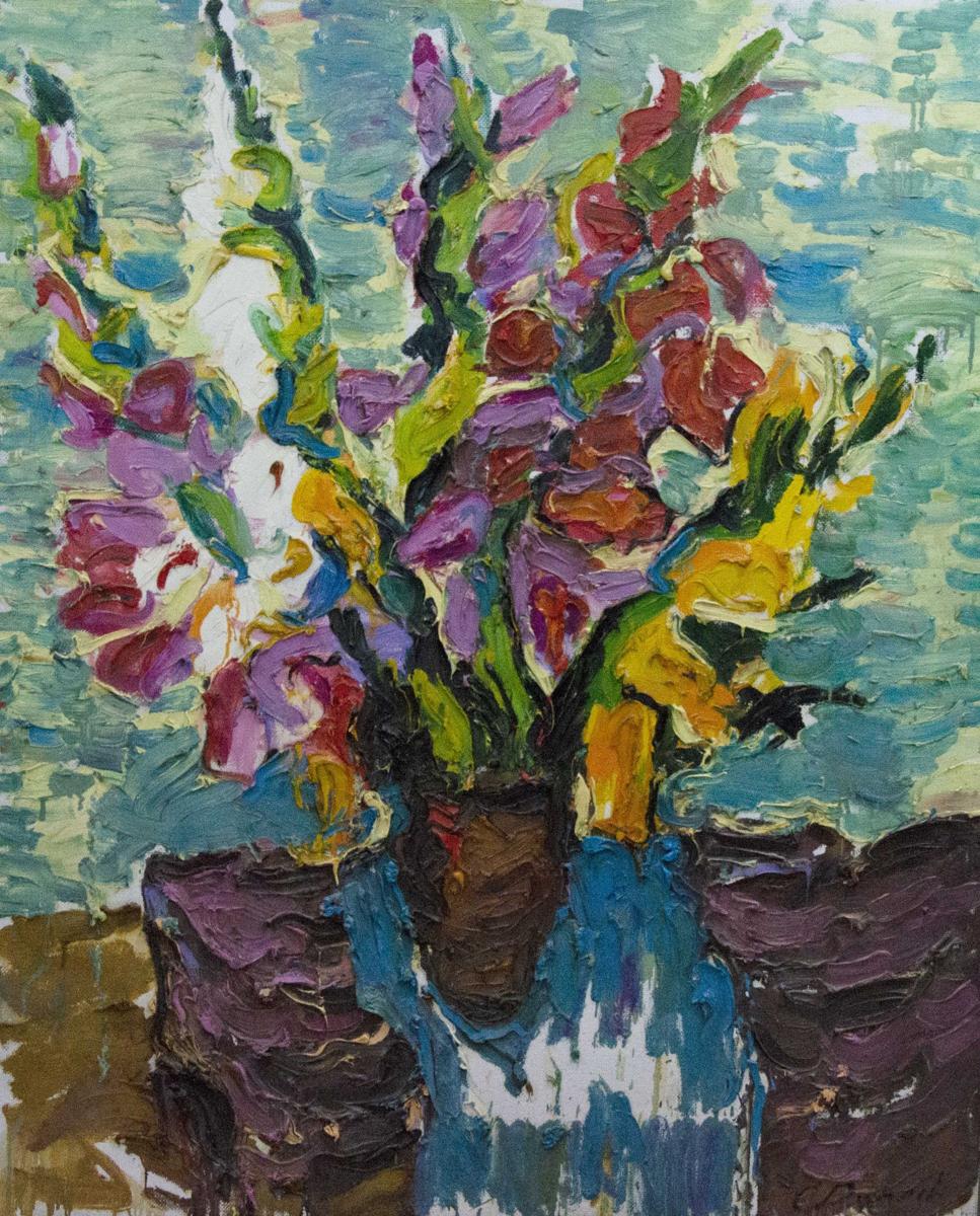 Vibrant impressionistic oil painting Morning flowers by Sergey Dupliy in brown vase