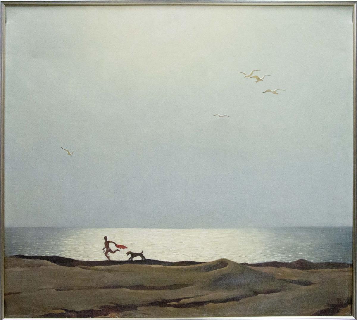 Oil painting by the sea by Brusentsov Gennady Yakovlevich, shoreline runner and dog