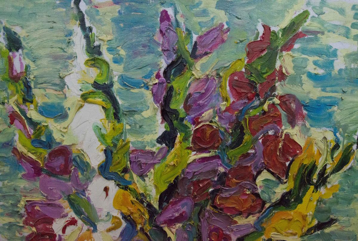 Oil painting Morning flowers by Sergey Dupliy: vibrant purple red flowers