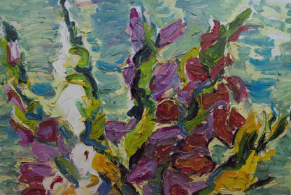 Oil painting Morning flowers by Sergey Dupliy: vibrant purple red flowers