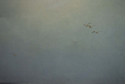 Oil painting by the sea by Brusentsov Gennady Yakovlevich: seagulls gliding over overcast sky
