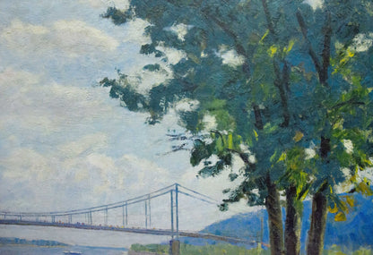 Oil painting of park near shore by Khomko Vasily Efremovich, suspension bridge in blue-gray tones framed by green trees