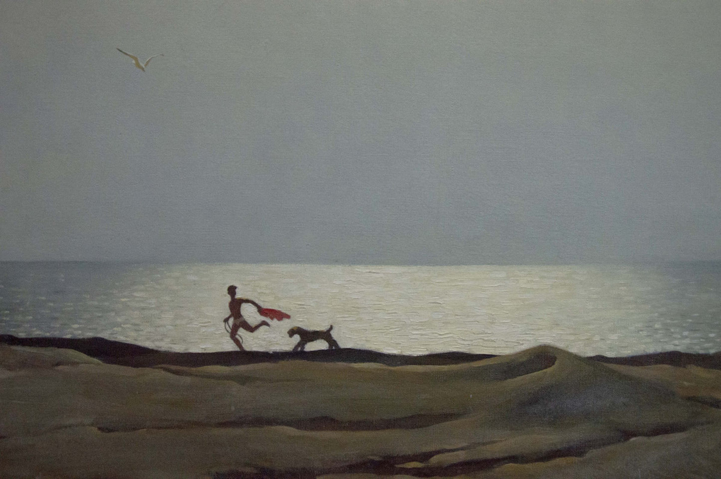 Silhouette of runner and dog on beach, oil painting by Brusentsov Gennady Yakovlevich