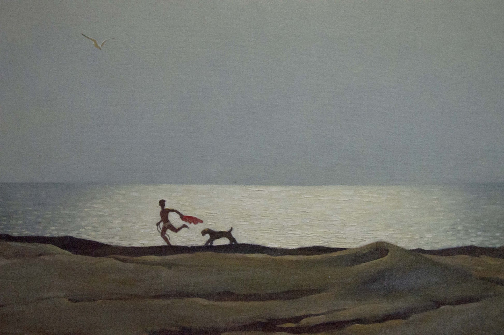 Silhouette of runner and dog on beach, oil painting by Brusentsov Gennady Yakovlevich