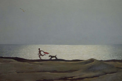 Silhouette of runner and dog on beach, oil painting by Brusentsov Gennady Yakovlevich