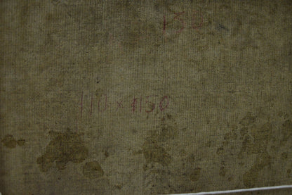 Back of oil painting by Khomko Vasily Efremovich: worn olive-green canvas with faded red markings and dark stains