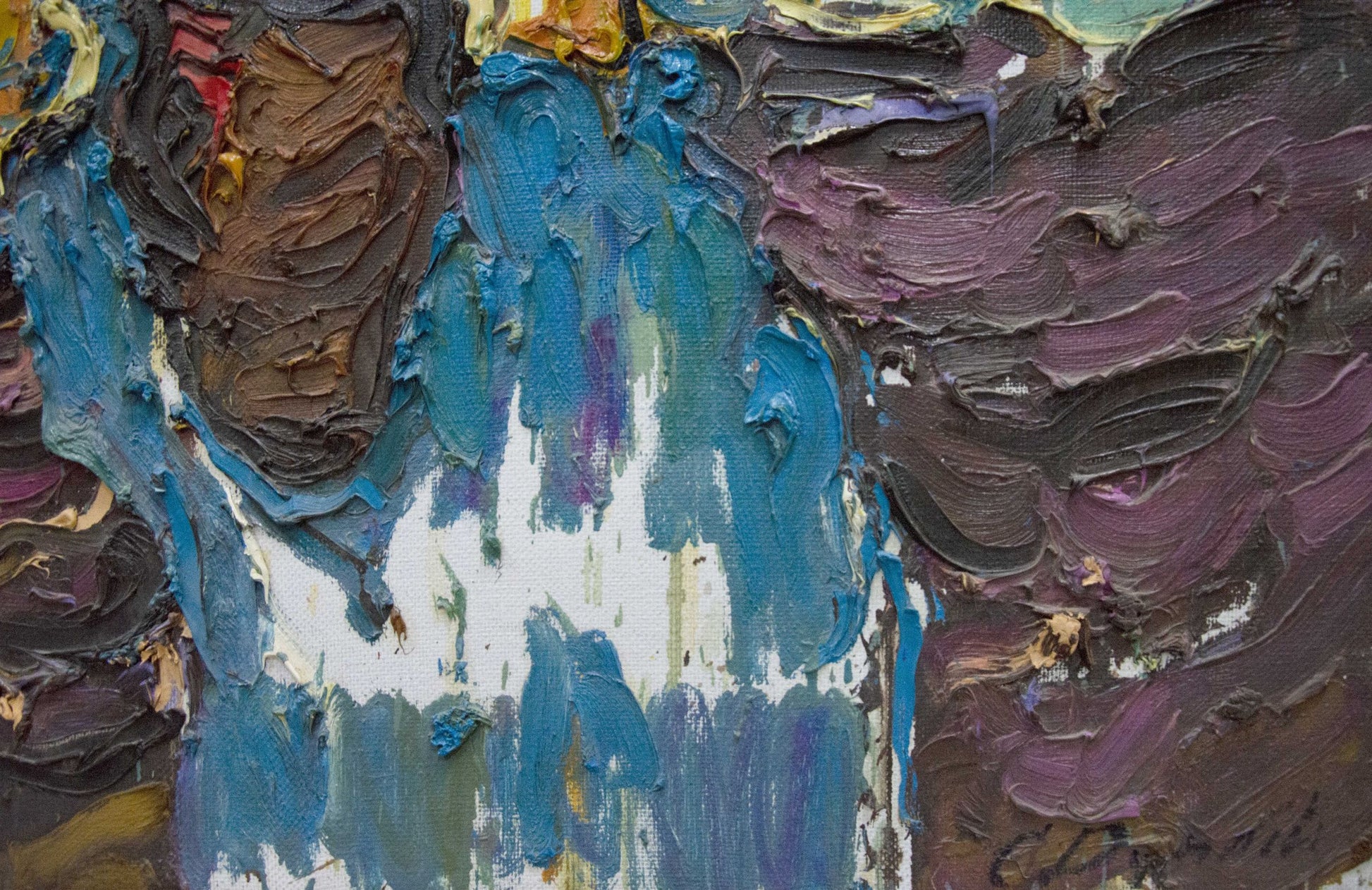 Oil painting Morning flowers by Sergey Dupliy with impasto blue purple strokes