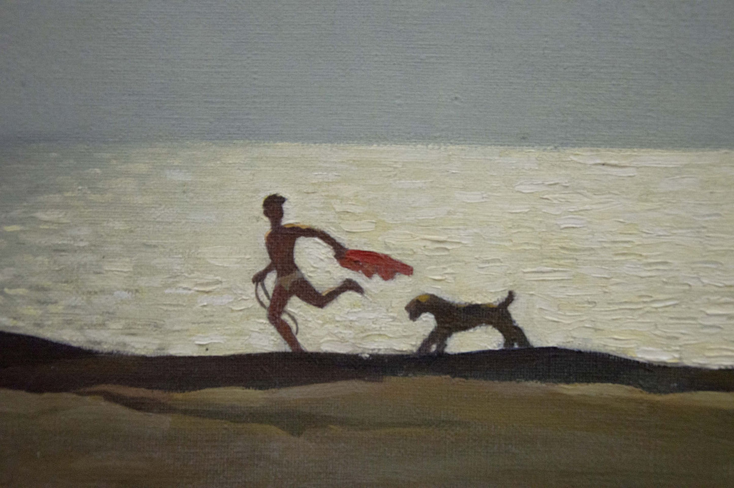 Oil painting by the sea by Brusentsov Gennady Yakovlevich: man and dog running on shoreline