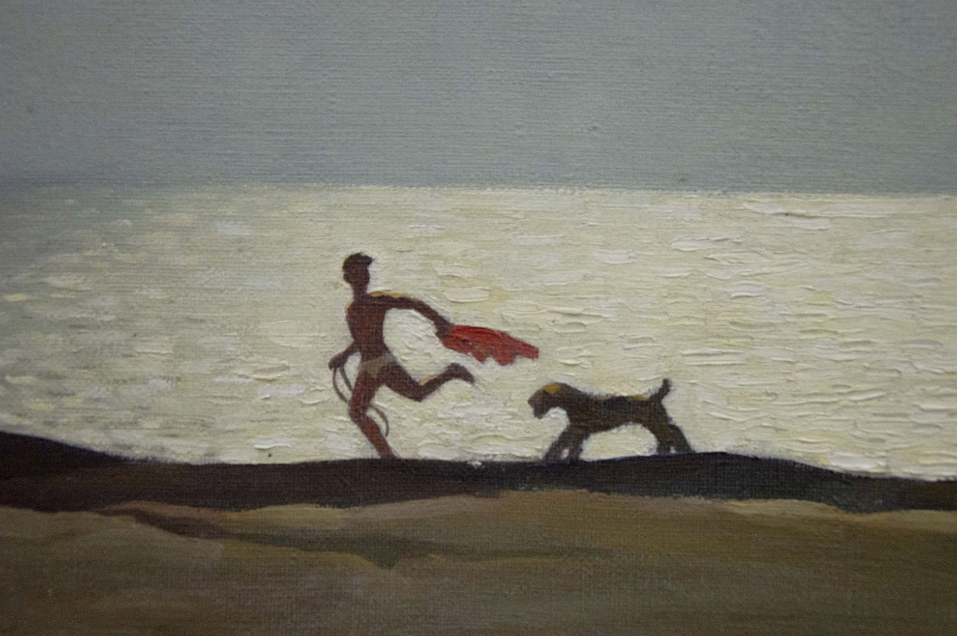 Oil painting by the sea by Brusentsov Gennady Yakovlevich: man and dog running on shoreline