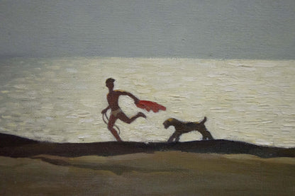 Oil painting by the sea by Brusentsov Gennady Yakovlevich: man and dog running on shoreline