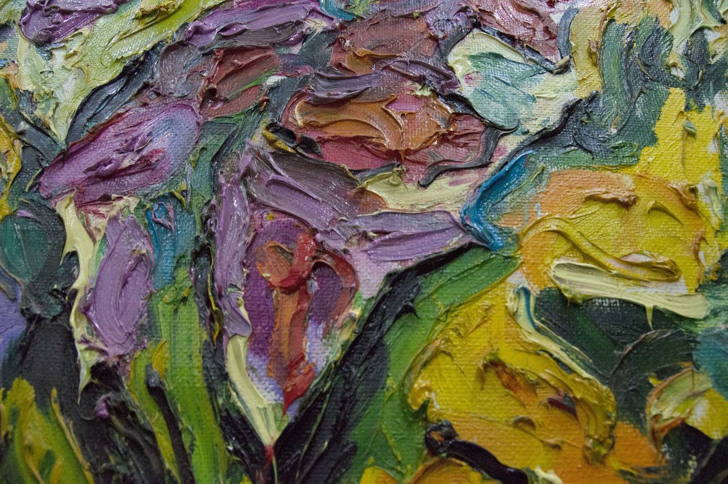 Vibrant oil painting Morning flowers by Sergey Dupliy with bold purple strokes