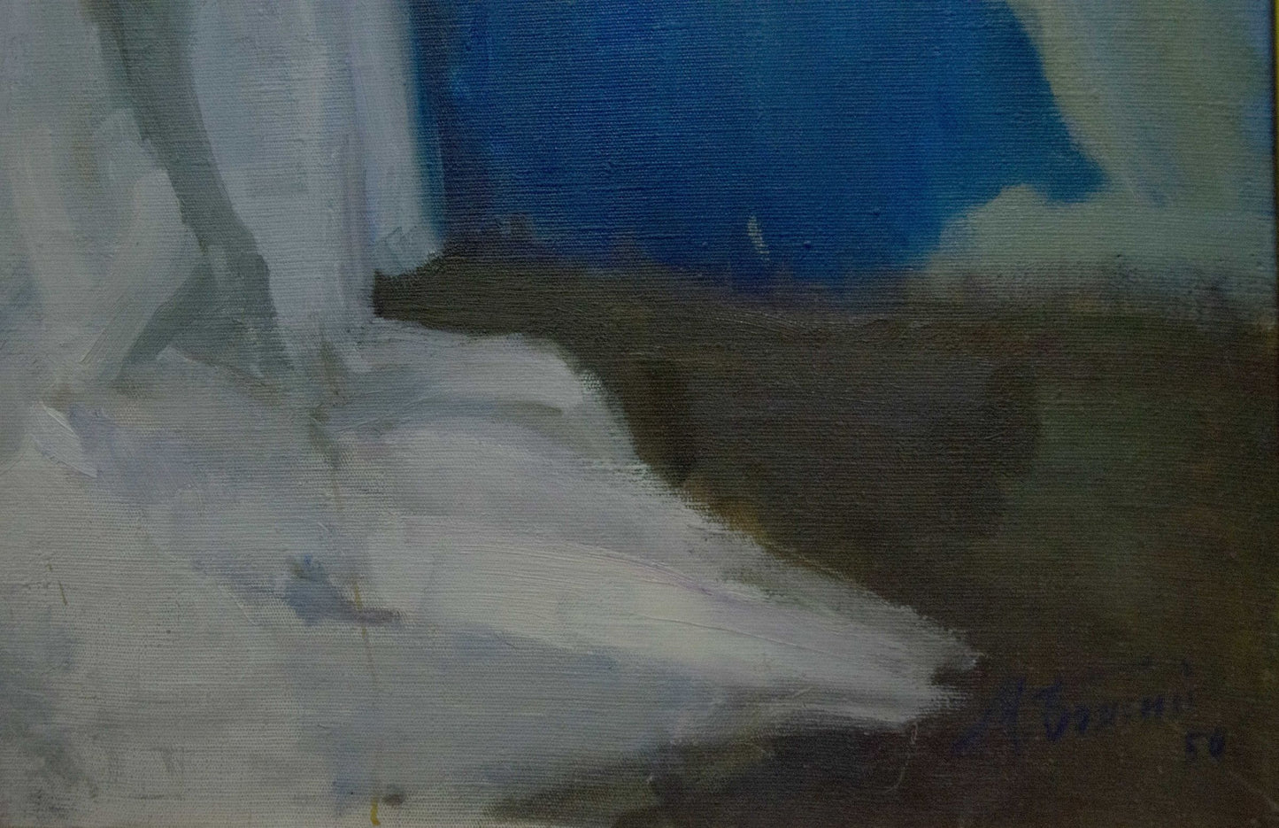 Oil painting portrait of female figure by Bozhiy Mikhail Mikhailovich, abstract white form on blue brown canvas