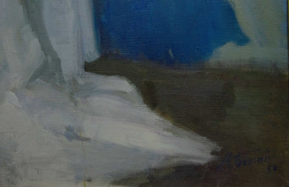 Oil painting portrait of female figure by Bozhiy Mikhail Mikhailovich, abstract white form on blue brown canvas