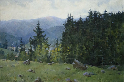 Oil painting of wooded mountainscape with lush meadow and misty peaks