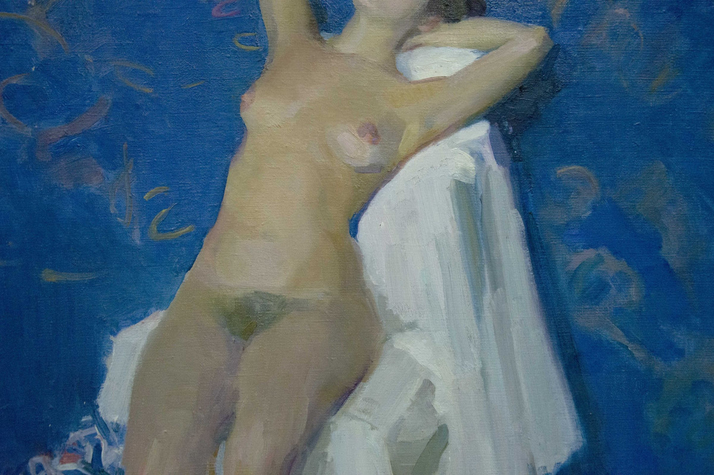 Figure female reclining on white cloth, oil painting by Bozhiy Mikhail Mikhailovich