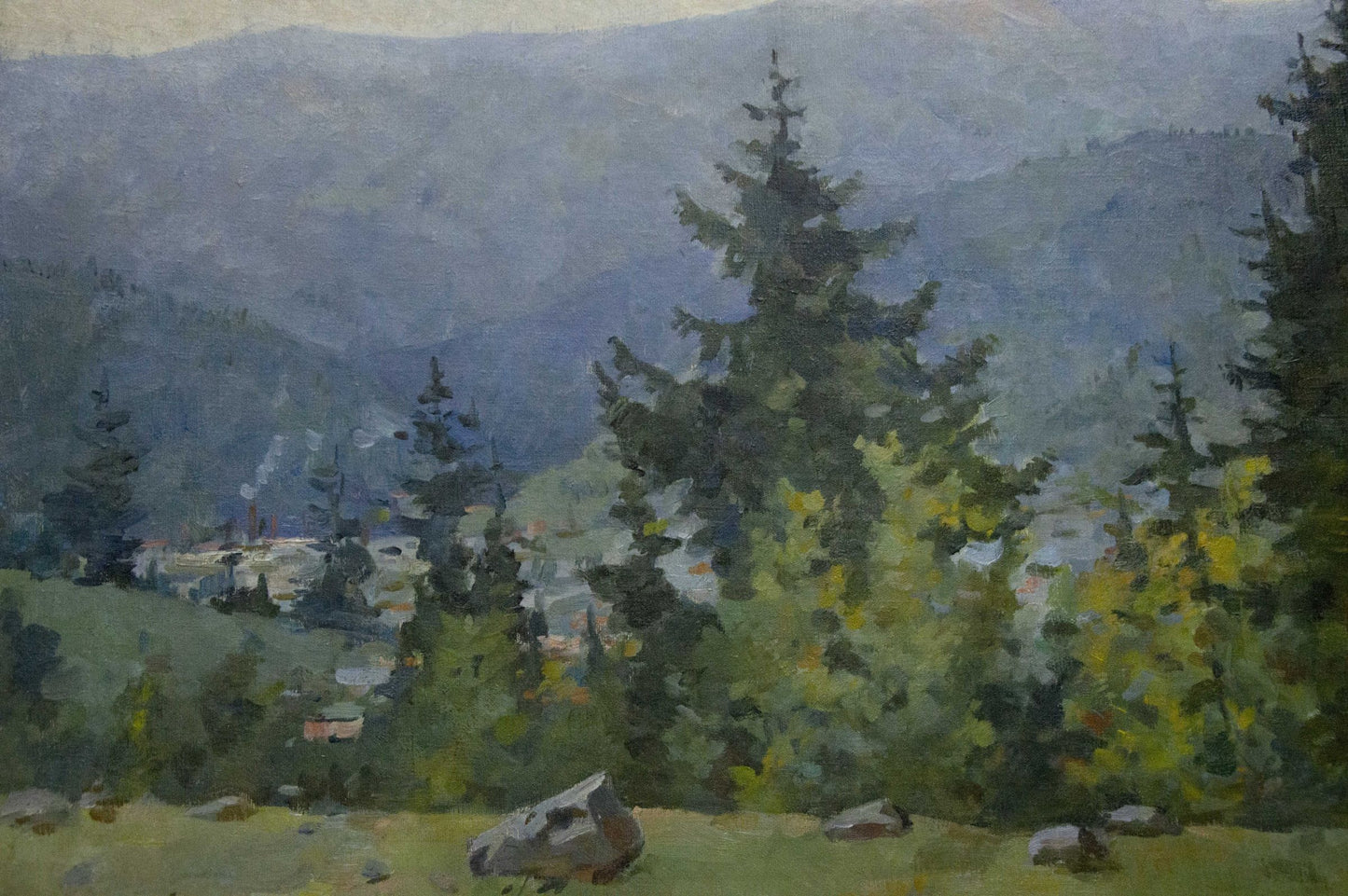 Oil painting of wooded mountainscape with evergreens and misty peaks