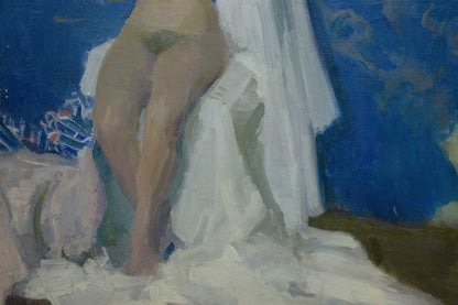 Oil painting by Bozhiy Mikhail Mikhailovich of female figures lower body in white fabric