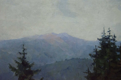 Oil painting of serene wooded mountainscape in blues and purples
