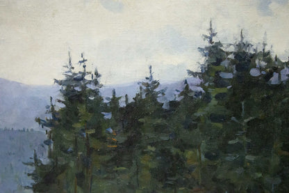 Oil painting of wooded mountainscape with evergreens and distant peaks