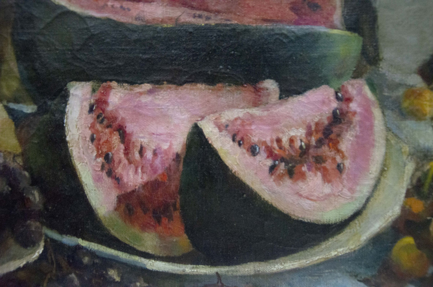 Oil painting by Sokolova Zinaida Ivanovna: two watermelon slices on rind