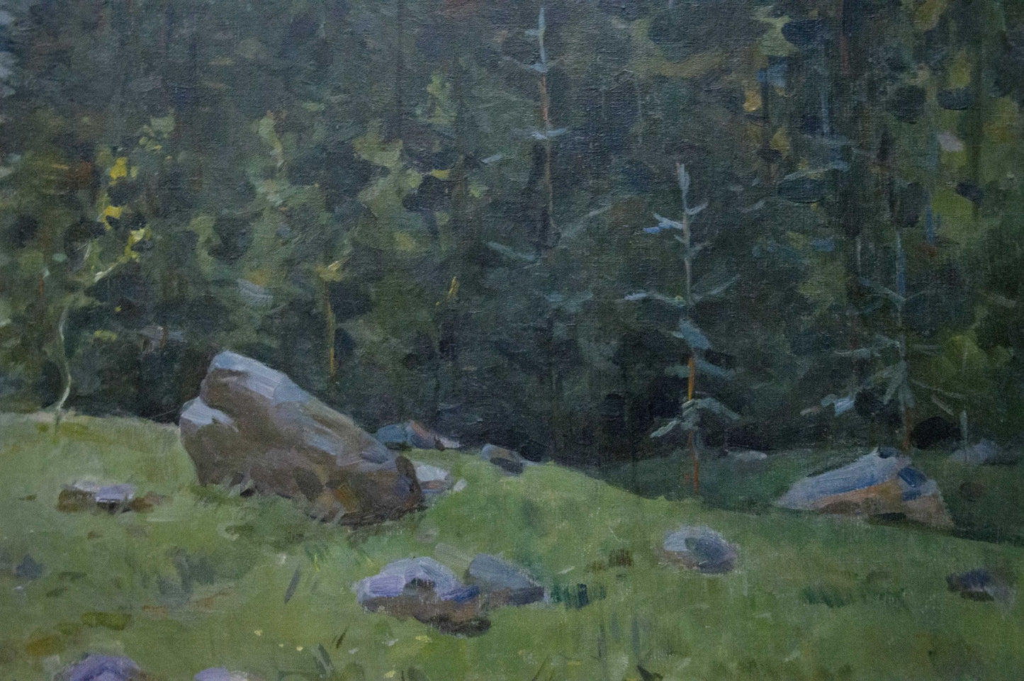 Oil painting of wooded mountainscape with earthy rock on grass