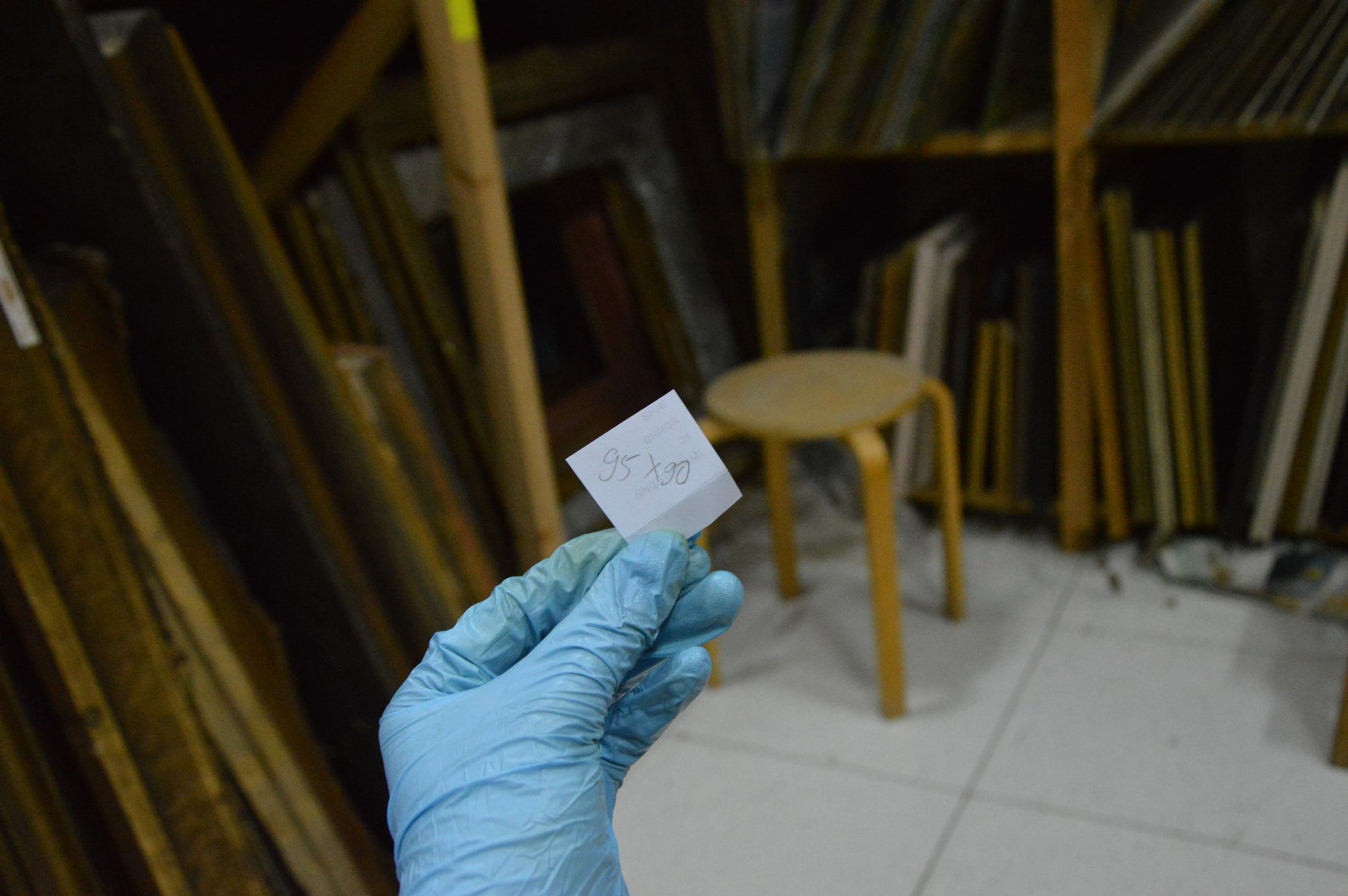 Blue-gloved hand holding white tag with measurements for Bozhiy Mikhail portrait