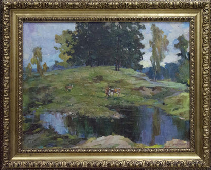 Oil painting by Maltsev Nikolay Alexandrovich: cows graze by pond