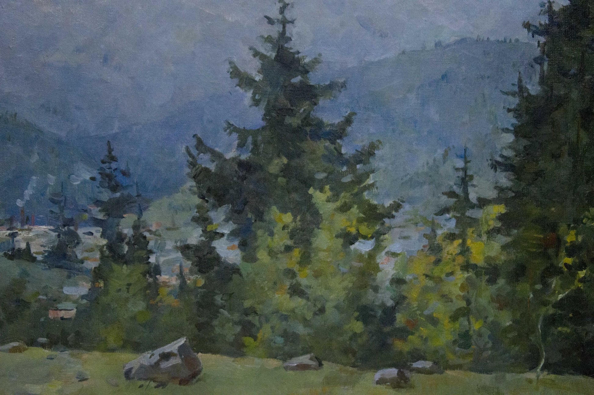 Oil painting Wooded Mountainscape of serene evergreen trees and misty peaks