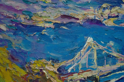 Vibrant oil painting of bridge over water by Dupliy Sergey Alexandrovich