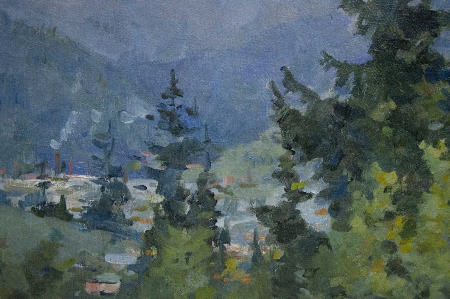 Oil painting of wooded mountainscape by unknown artist