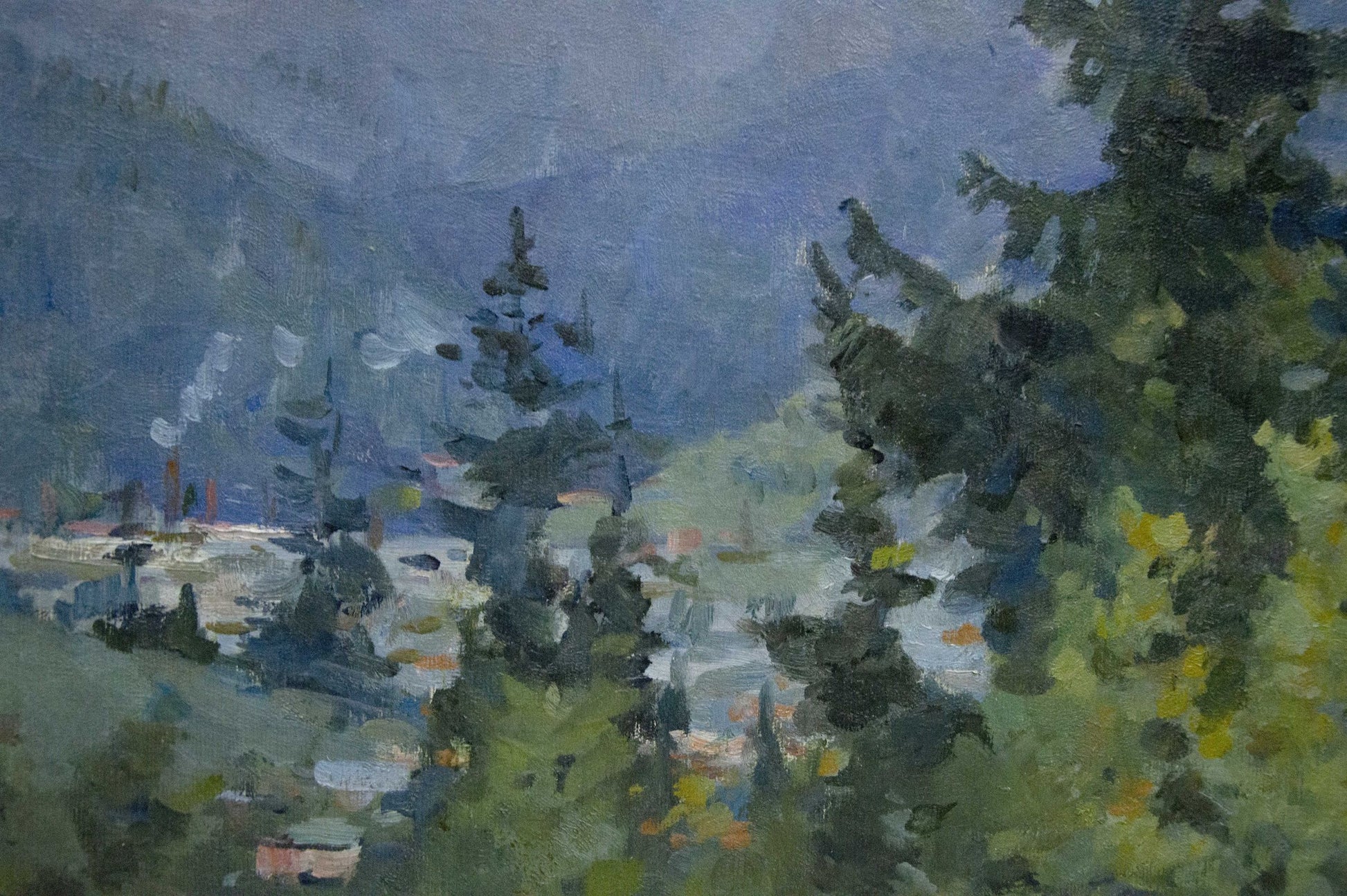 Oil painting of wooded mountainscape by unknown artist