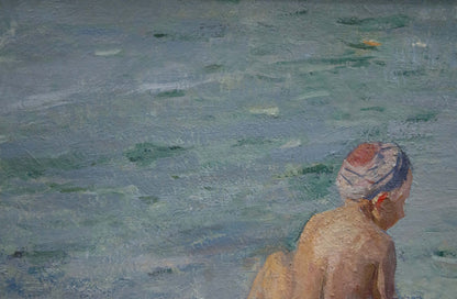 Oil painting of child in striped swim cap at sea’s edge by Naumova Tamara Sergeevna